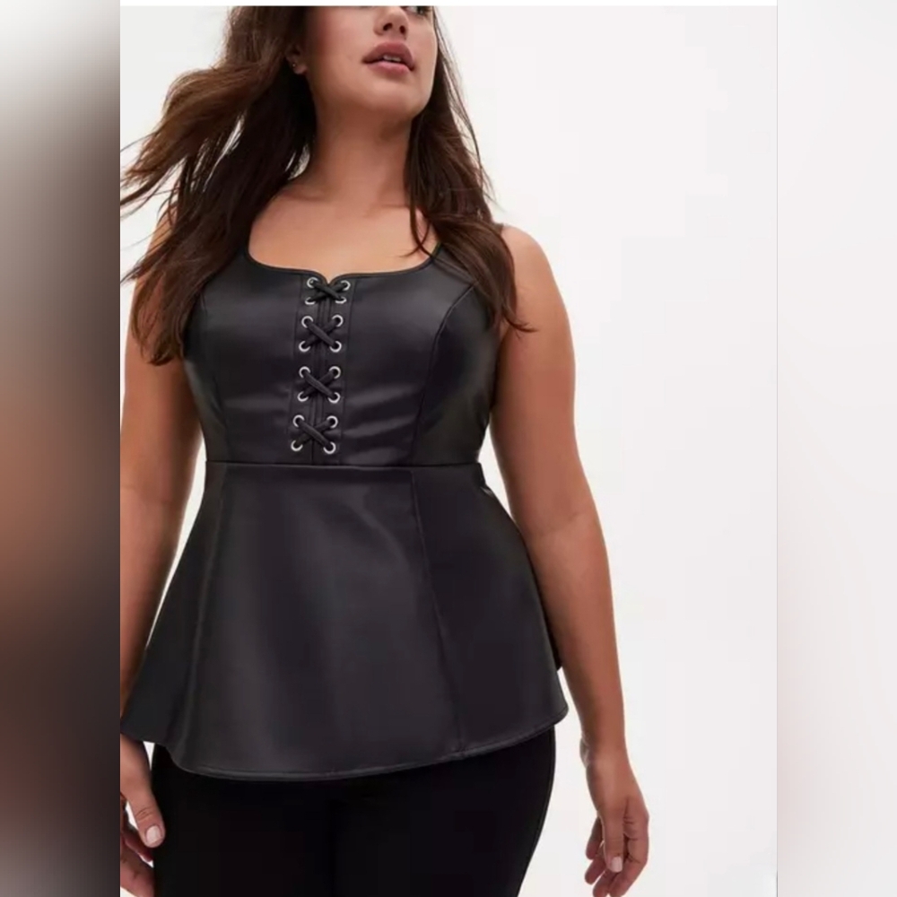 Torrid (SIze 1),Black Faux Leather Lace-Up Peplum Top